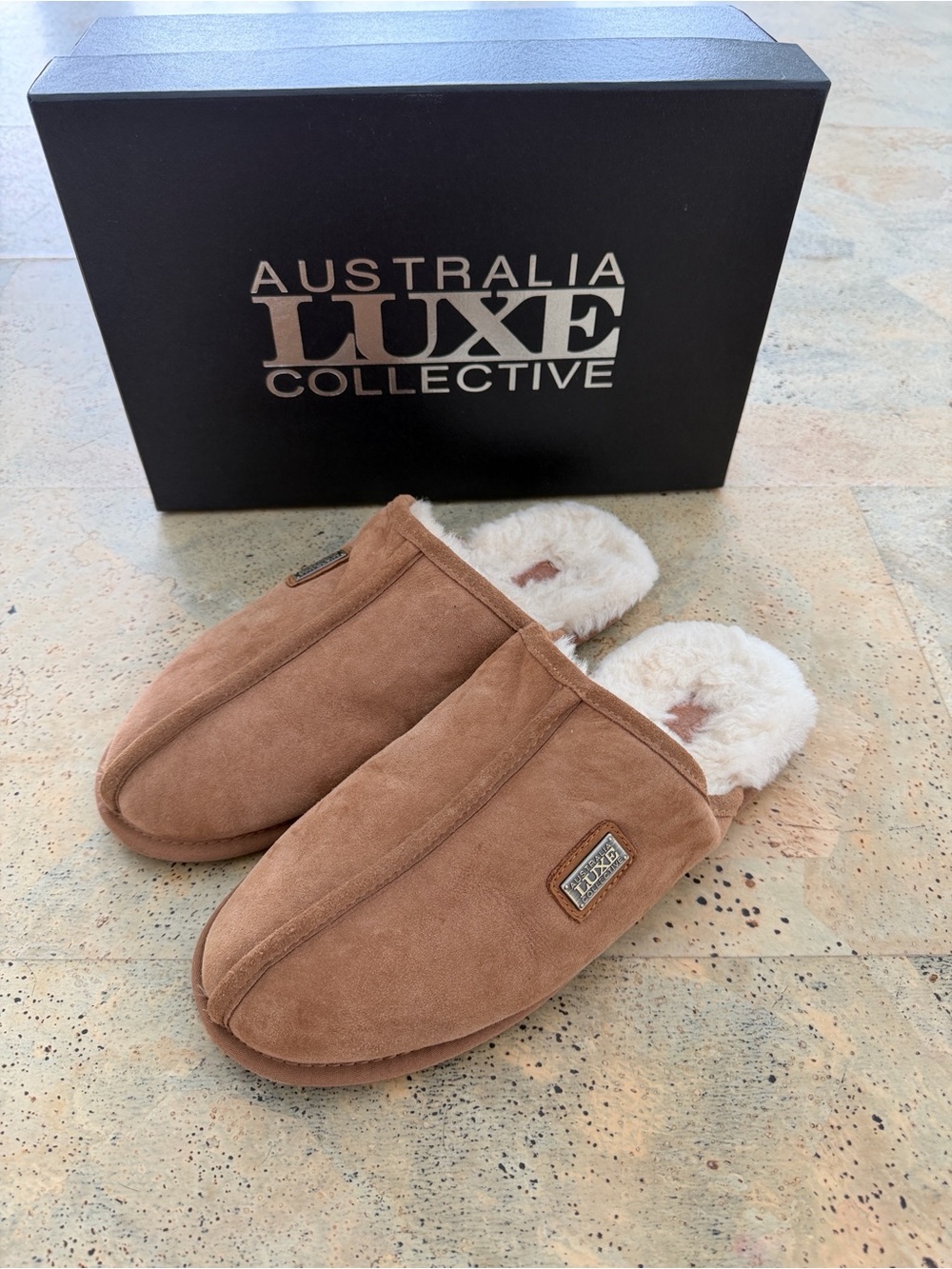 Australia Luxe Collective Tan Suede Shearling-Lined Slippers